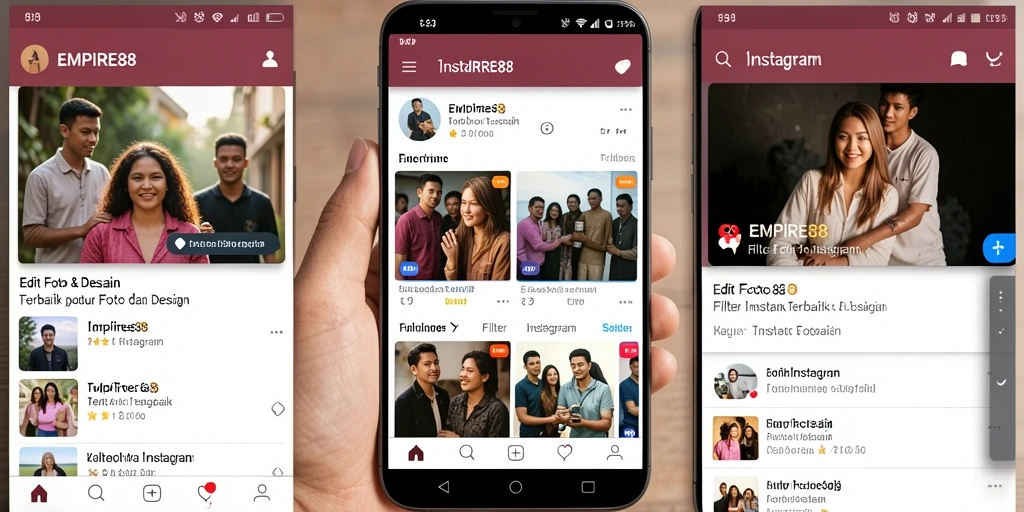 Tampilan antarmuka aplikasi EMPIRE88 dengan fitur filter Instagram yang menarik.