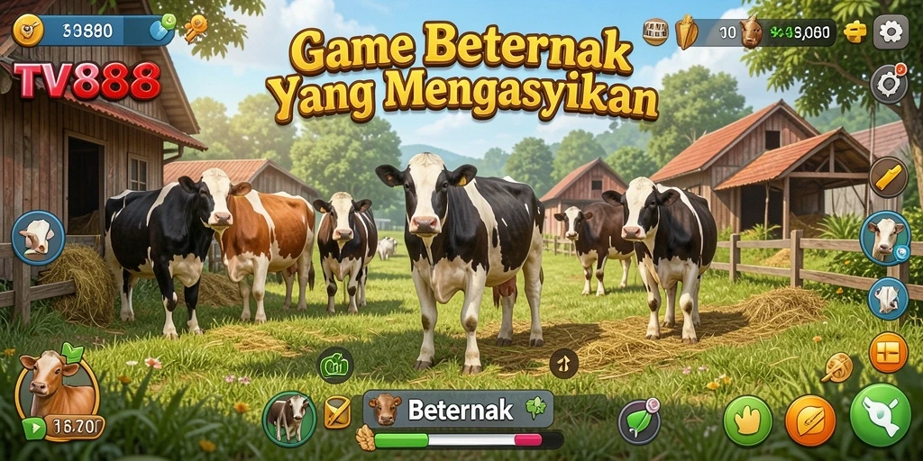 Antarmuka TV888 menampilkan peternakan yang penuh warna dan hewan-hewan yang lucu.